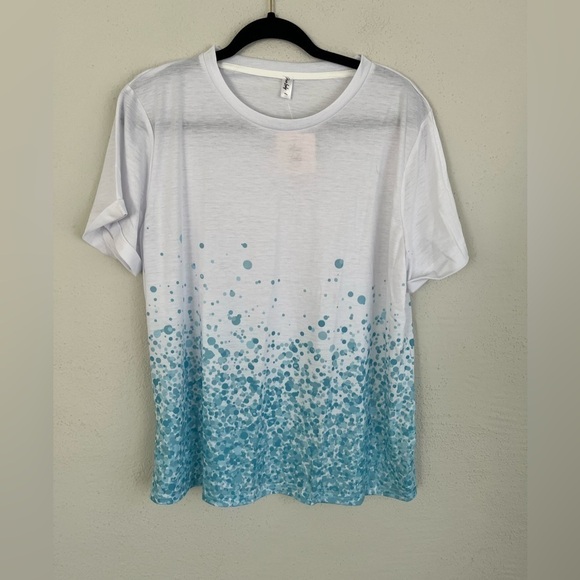 PIXIE Lady Woman White/ Turquoise Splattered Crewneck Tee, Size Large - Picture 1 of 5